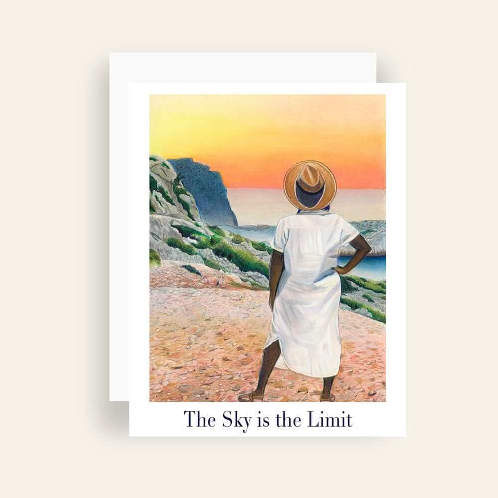 Close up of greeting card with generic text and art of a woman gazing into the horizon at a colorful sunset 
