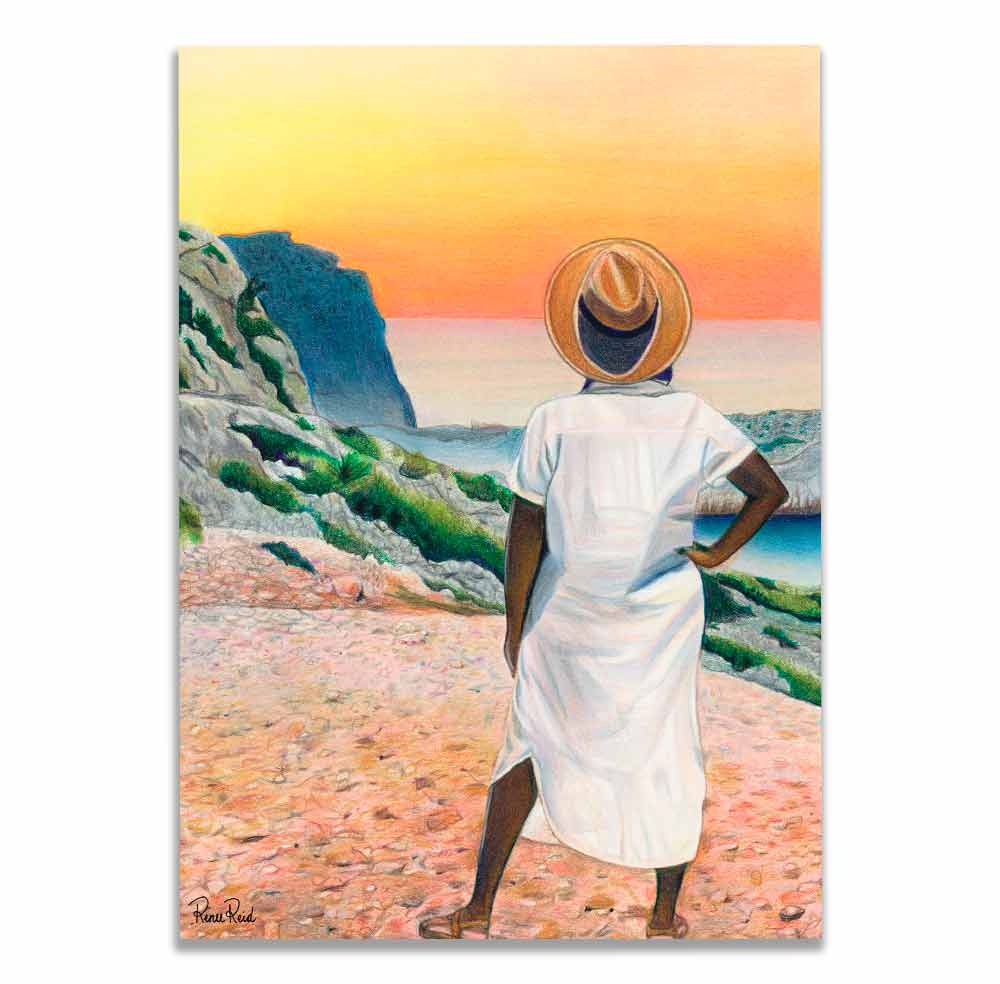 Renee Reid art print of a woman gazing into the horizon at a colorful sunset 