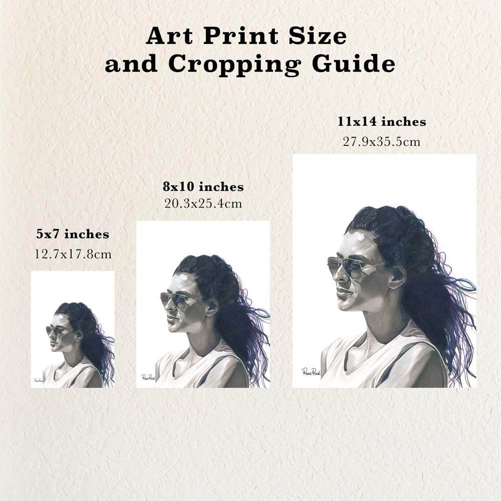 Size and cropping guide showing different sizes of art prints based on a beachside drawing by Renee Reid