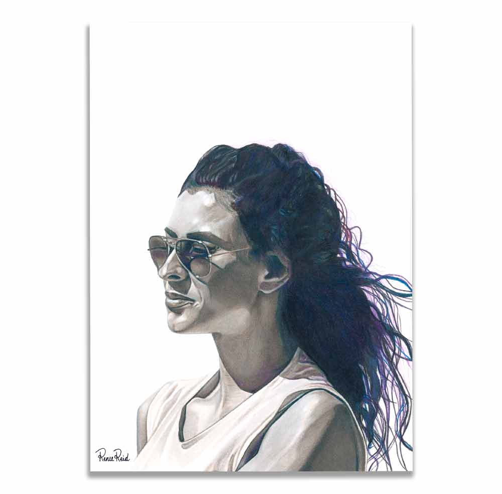 Renee Reid art print of a monochromatic woman with a pensive look wearing sunglasses peering into the distance