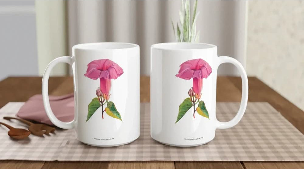 Pink Morning Glory Flower Mug showcasing vivid pink flowers on a white ceramic mug, displayed on a rustic table.