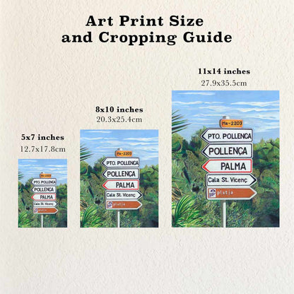 Size and cropping guide showing different sizes of art prints based on drawing of a Mallorca road sign by Renee Reid