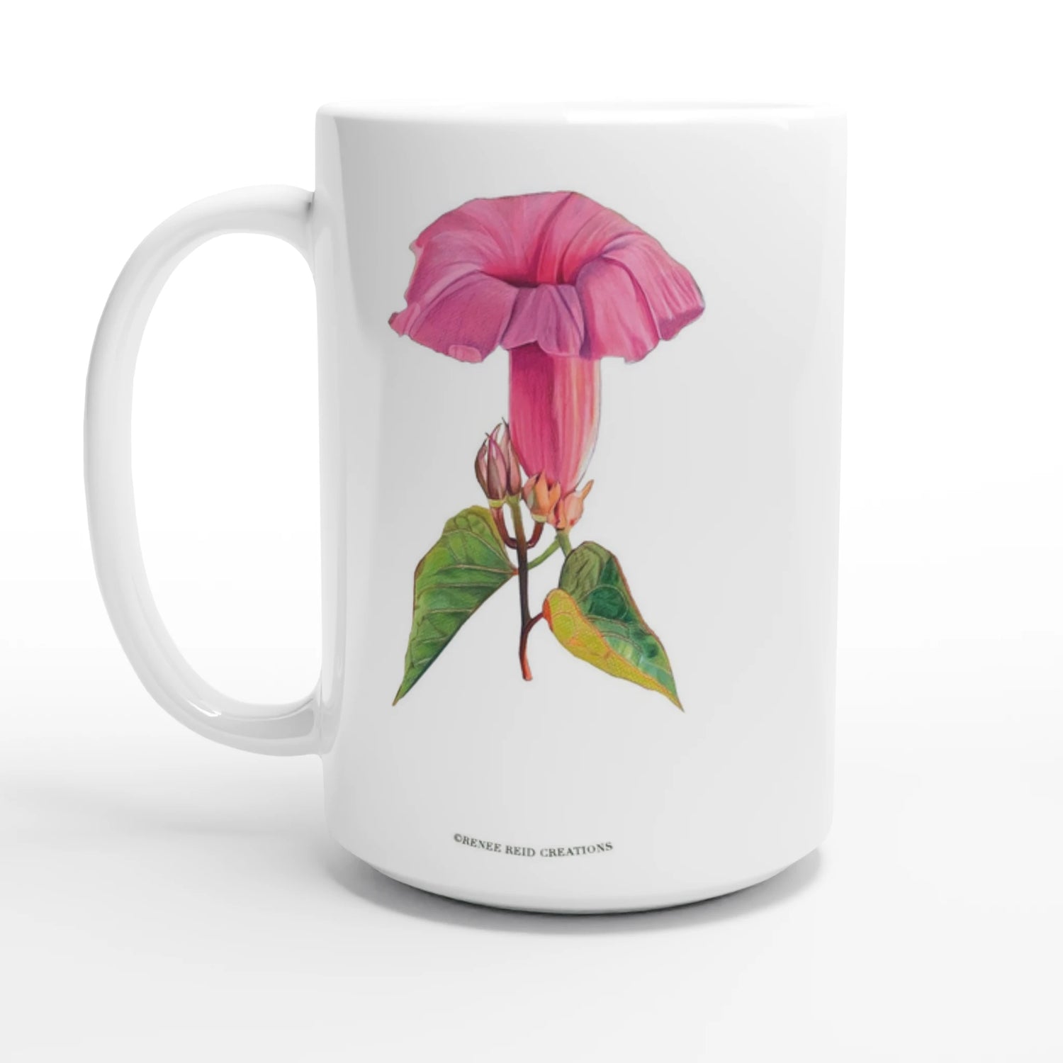 Pink Morning Glory Flower Mug featuring vibrant pink flower artwork on a white ceramic coffee mug.