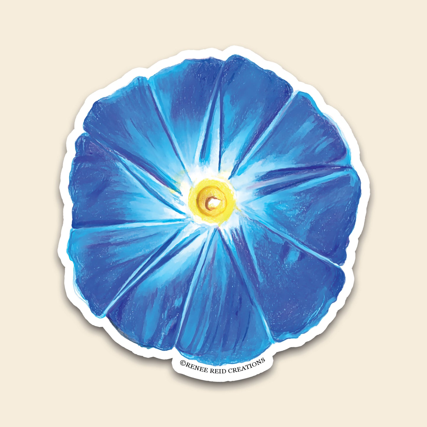 Blue Morning Glory Flower Vinyl Sticker featuring vibrant blue petals and a yellow center, perfect for decorating your space.