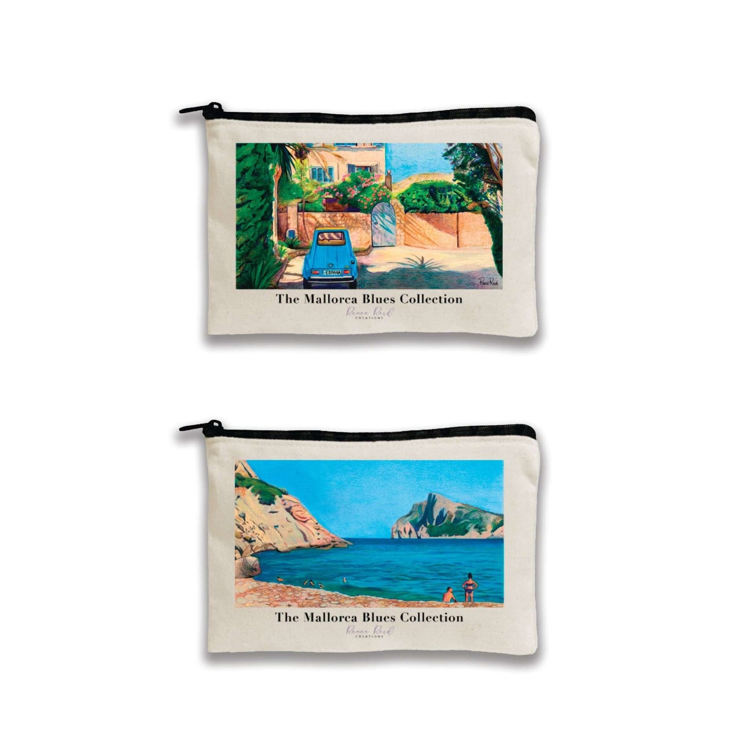 Mallorca Blues canvas pouch with vibrant landscape art, black zipper, and compact design.