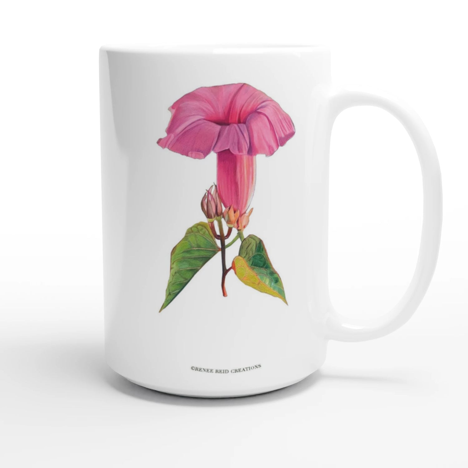 Pink Morning Glory Flower Mug featuring vibrant pink flower and green leaves, perfect for enjoying morning coffee.