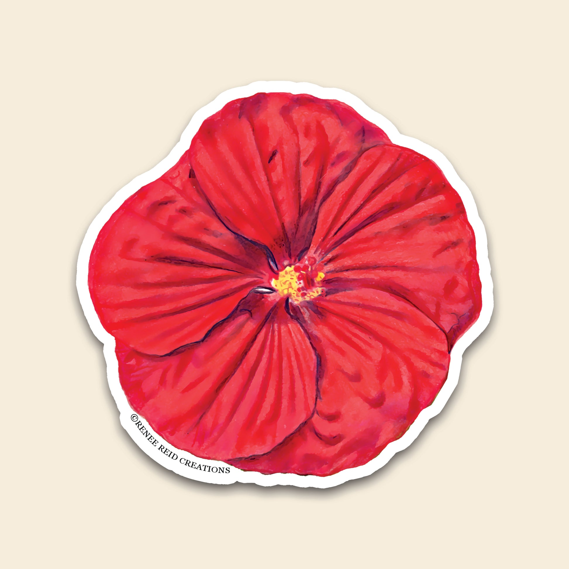 Red Hibiscus Flower Vinyl Sticker, vibrant tropical flower design, perfect for decorating laptops and water bottles.