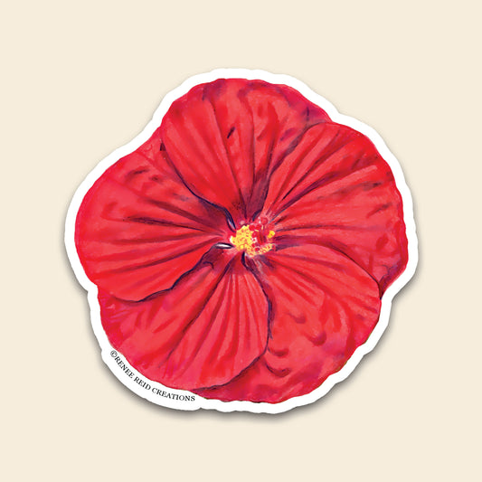 Red Hibiscus Flower Vinyl Sticker, vibrant tropical flower design, perfect for decorating laptops and water bottles.