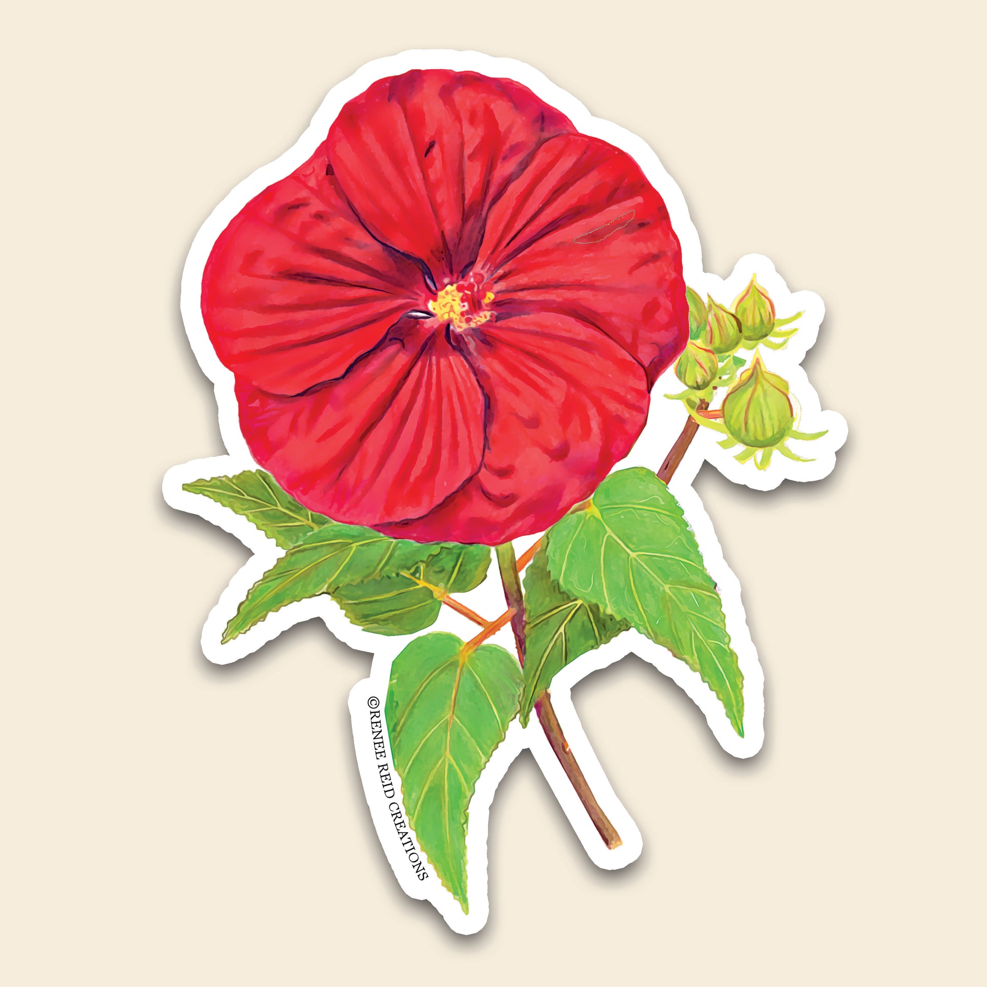 Hibiscus with Leaves Flower Vinyl Sticker featuring a vibrant red hibiscus and green leaves, perfect for summer decor.