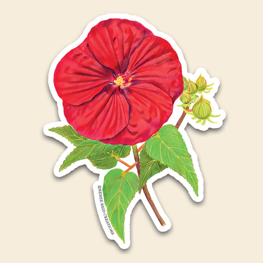 Hibiscus with Leaves Flower Vinyl Sticker featuring a vibrant red hibiscus and green leaves, perfect for summer decor.