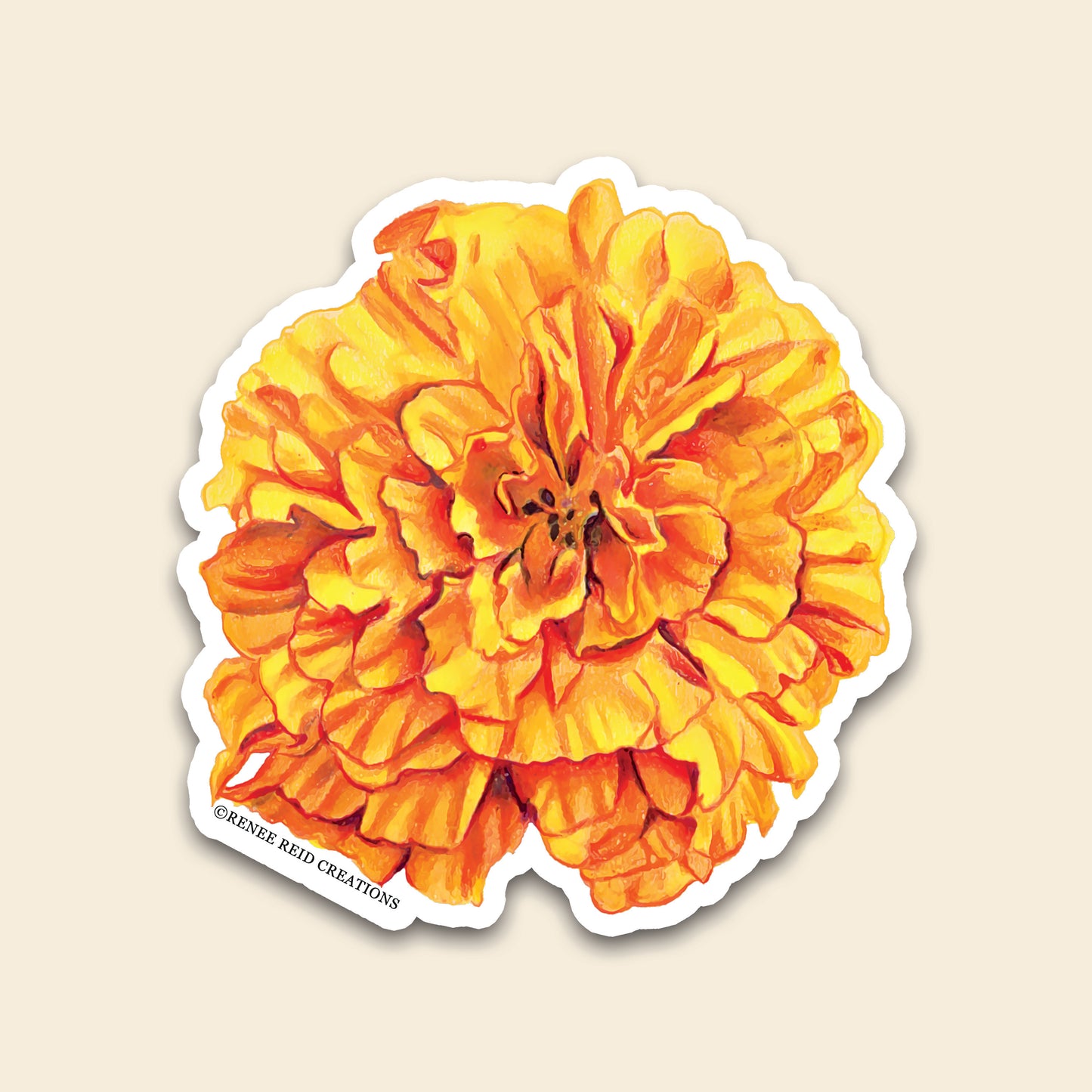 Orange Marigold Flower Vinyl Sticker featuring vibrant yellow and orange petals, perfect for journals or laptops.