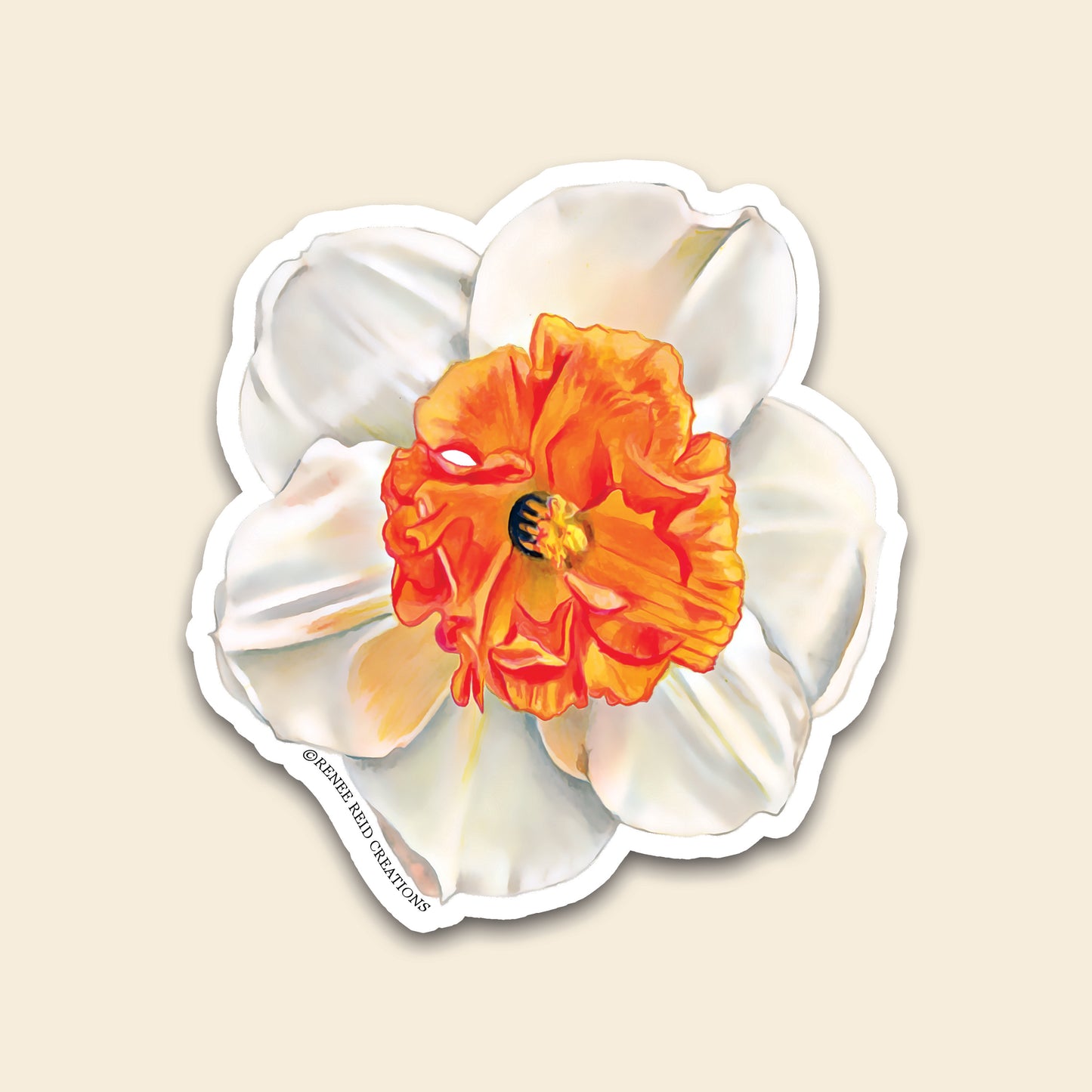 Orange Narcissus Flower Vinyl Sticker featuring bright orange petals and white background.
