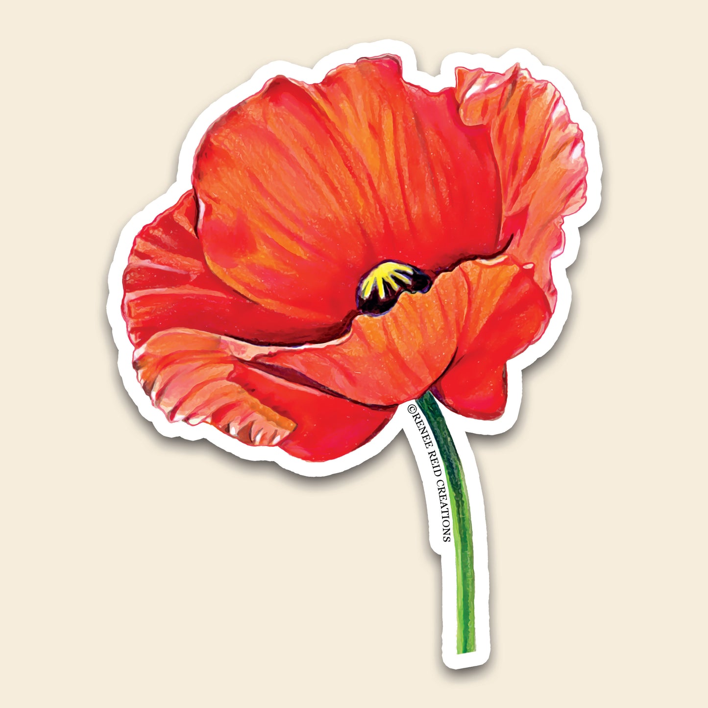 Red Poppy Flower Vinyl Sticker featuring vibrant red petals and a green stem, perfect for decorating journals or laptops.