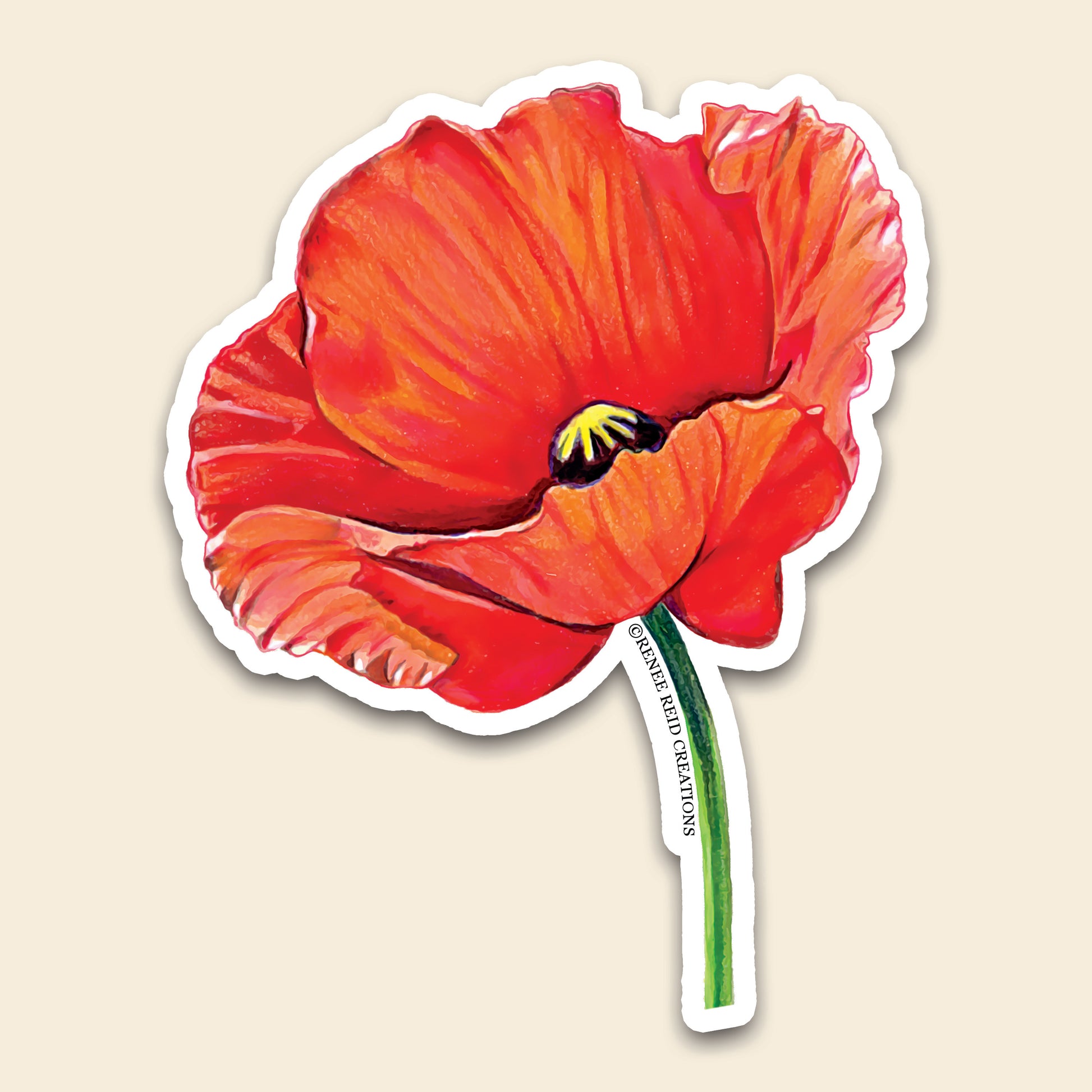 Red Poppy Flower Vinyl Sticker featuring vibrant red petals and a green stem, perfect for decorating journals or laptops.