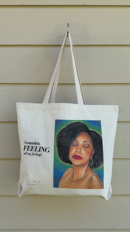 FEELING artist-designed canvas tote bag shown in motion
