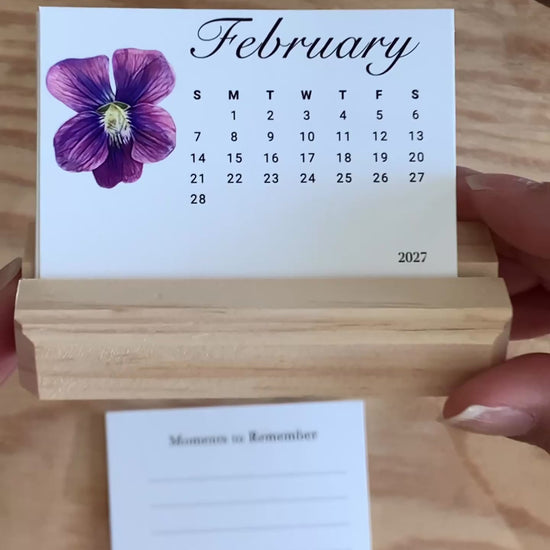 Video showing how the 2027 Birth Flower Mini Desk Calendar cards flip from the monthly calendar to the writable Moments to Remember back
