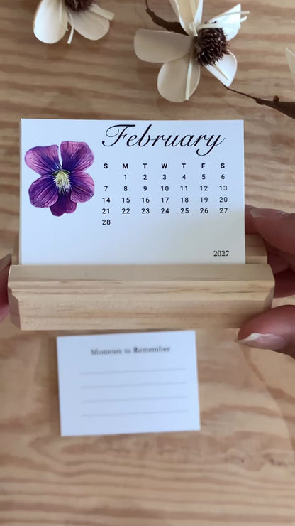 Video showing how the 2027 Birth Flower Mini Desk Calendar cards flip from the monthly calendar to the writable Moments to Remember back