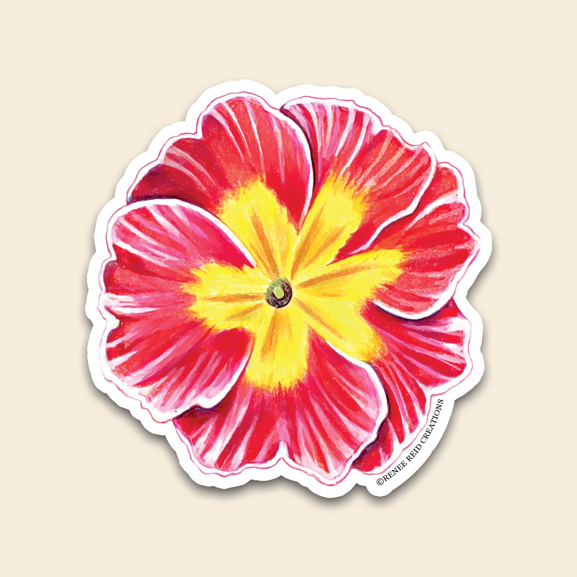 Pink Primrose Flower Vinyl Sticker featuring vibrant red and yellow flower design, ideal for decorating personal items.