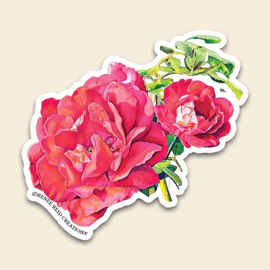 Pink Rose with Leaves Flower Vinyl Sticker showcasing vibrant pink roses with green leaves. Perfect for decoration.