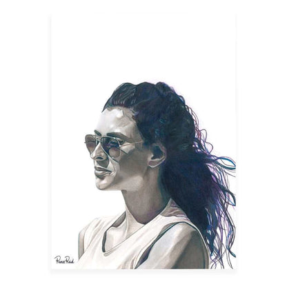Renee Reid art print of a monochromatic woman with a pensive look wearing sunglasses peering into the distance