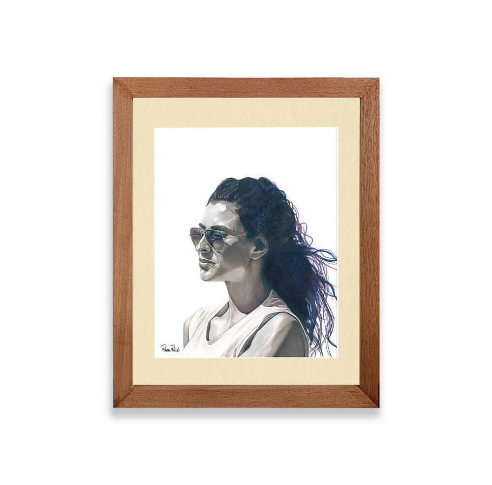 Renee Reid framed art print of a monochromatic woman with a pensive look wearing sunglasses peering into the distance